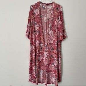 Torrid Kimono Cardigan Women Large Open Front Longline Sweater Red Floral Duster
